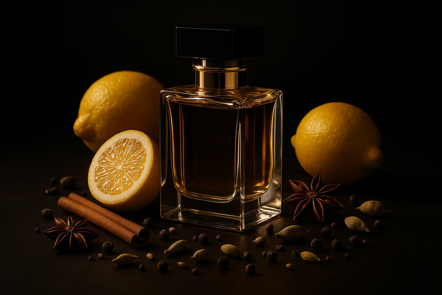 Picture of a perfume bottle with spices and lemons around it. With a commercial ad feel. With a dark background